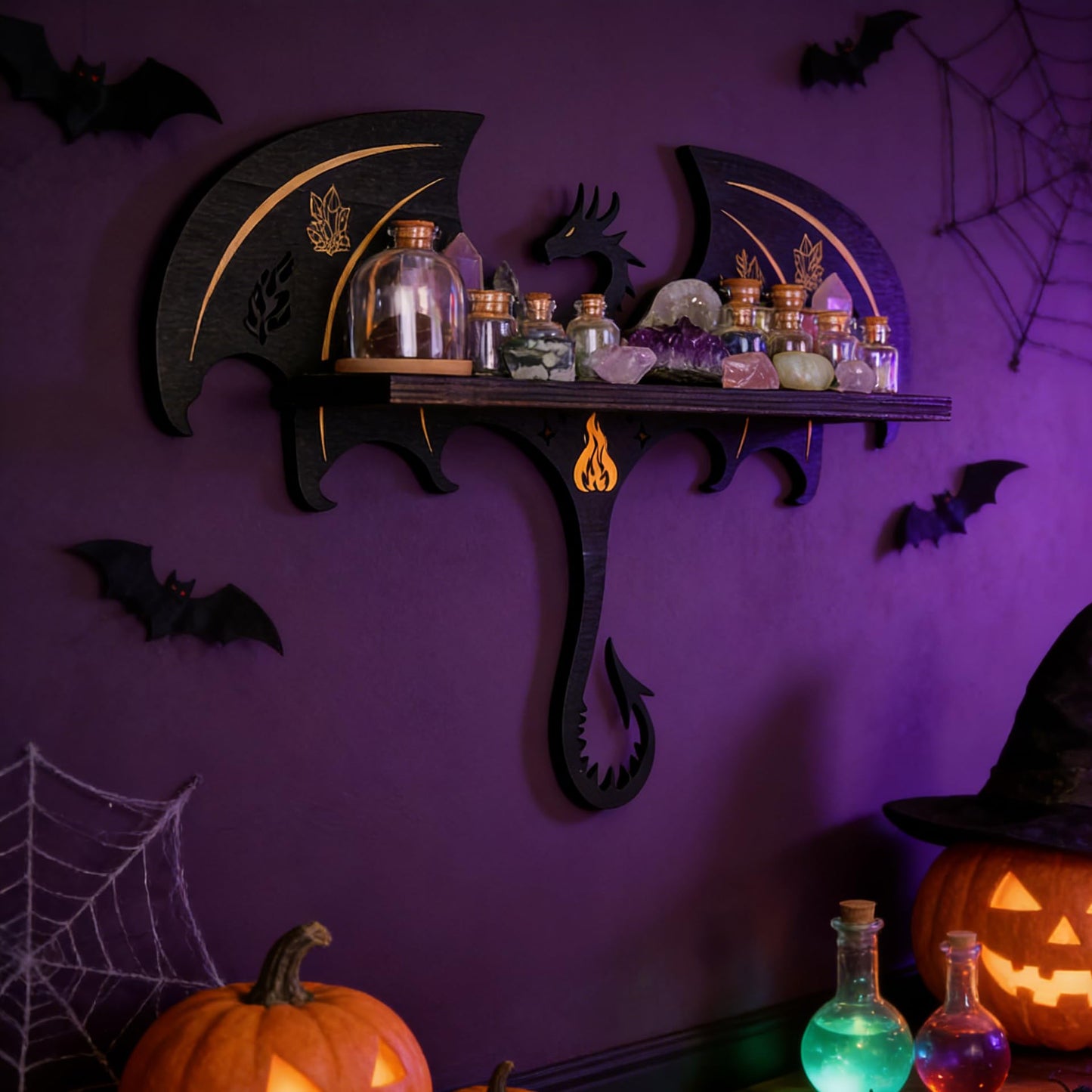 Rannyfol Witchy Gothic Crystal Display Shelf for Dragon Wall Decor, Wooden Dragon Knick Knack Shelf for Glass Rock Trinket Display, Floating Shelf (Dragon, 15.8 Inches)