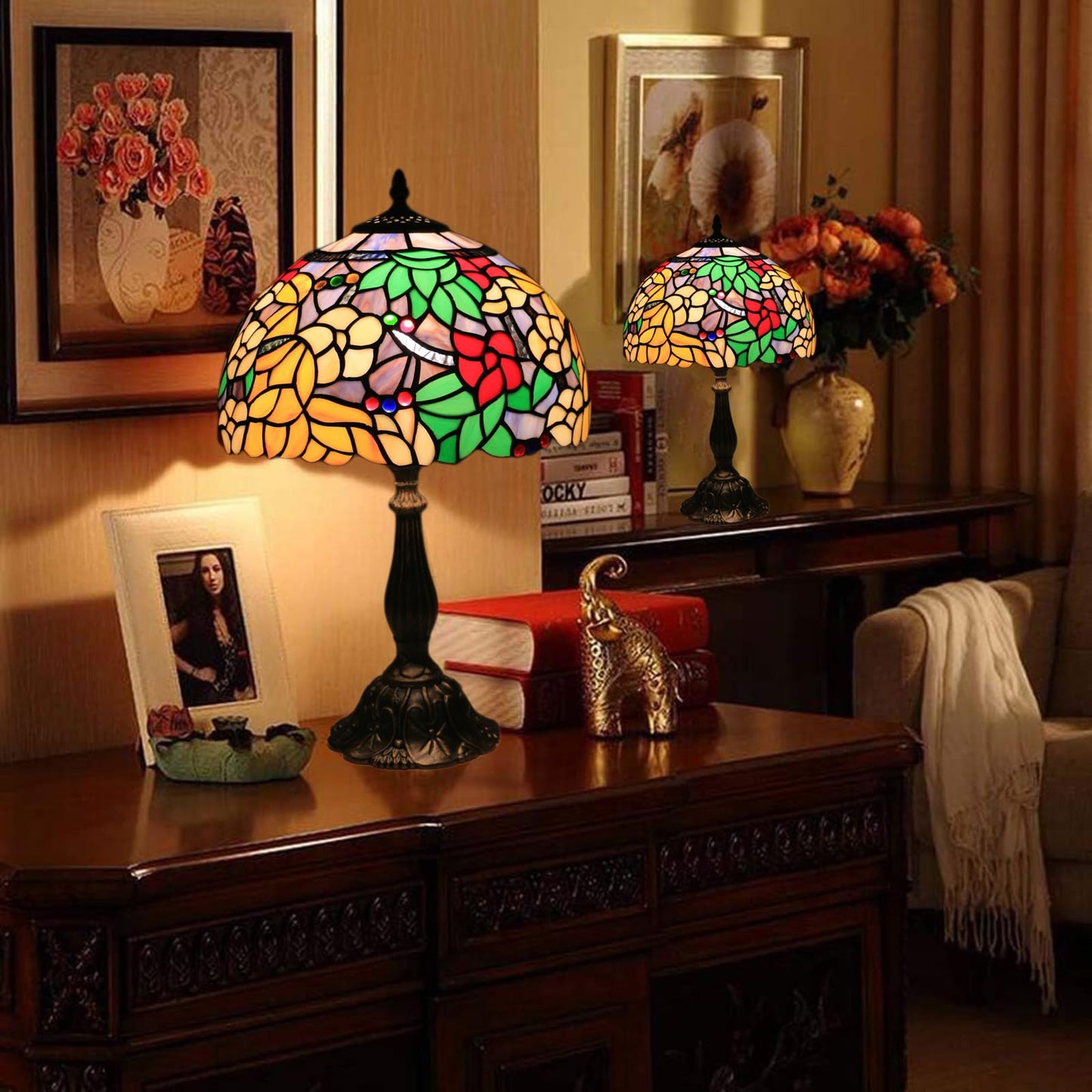 tuomoxte Tiffany Table Lamp for Living Room,Camellia Flower Stained Glass Lamp Shades for Bedside Nightstand Table LampsW/LED Bulb,12X12X19 Inch Tall Home Office Reading Dining Room Desk Lamps