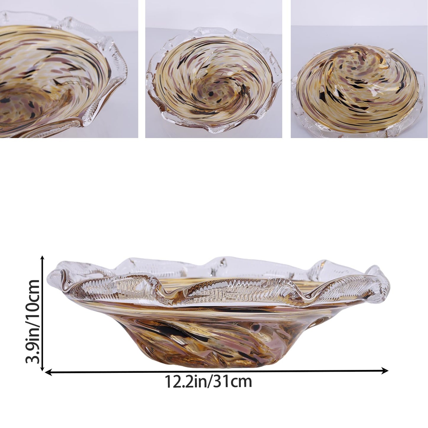 Hand Blown Glass Bowl for Decor, Amber Swirl Art Glass Fruit Bowl and Entryway Key Bowl, Decorative Catchall Bowl for Coffee Table, Dining Table Centerpiece, Living Room, Shelf and Console Table