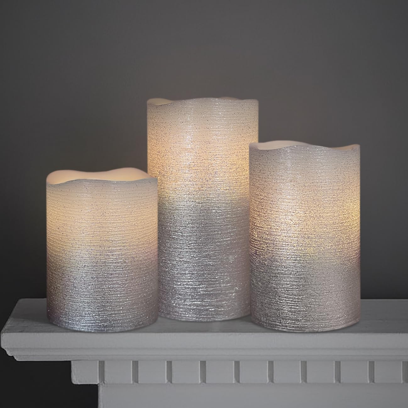 FURORA LIGHTING Silver Glitter Real Wax LED Pillar with 5/19 Timer