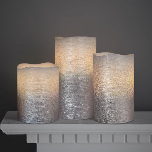 FURORA LIGHTING Silver Glitter Real Wax LED Pillar with 5/19 Timer