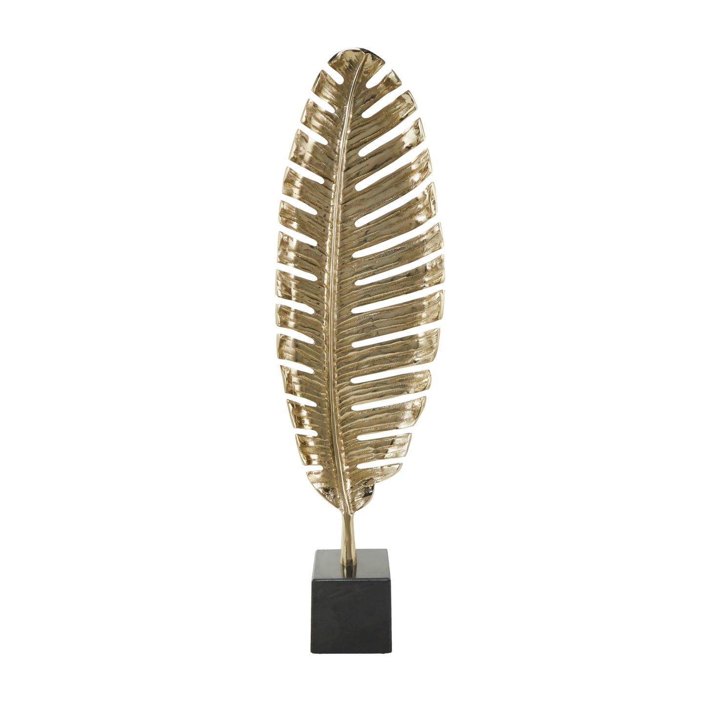 CosmoLiving by Cosmopolitan Aluminum Metal Leaf Decorative Sculpture Standing Single Home Decor Statue with Black Marble Base, Accent Figurine 9" x 4" x 30", Gold