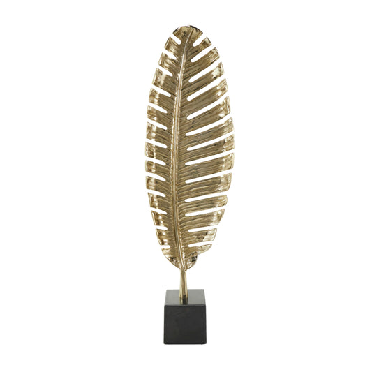 CosmoLiving by Cosmopolitan Aluminum Metal Leaf Decorative Sculpture Standing Single Home Decor Statue with Black Marble Base, Accent Figurine 9" x 4" x 30", Gold