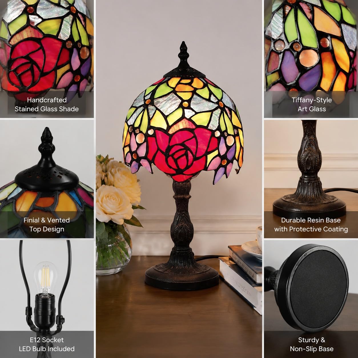 YINIETZSCHE Tiffany Style Table Lamp 8 Inch, Handmade Stained Glass Rose Shade Desk Lamp, Vintage Art Deco Bedroom Nightstand Light with Resin Base, Includes Warm Light Bulb
