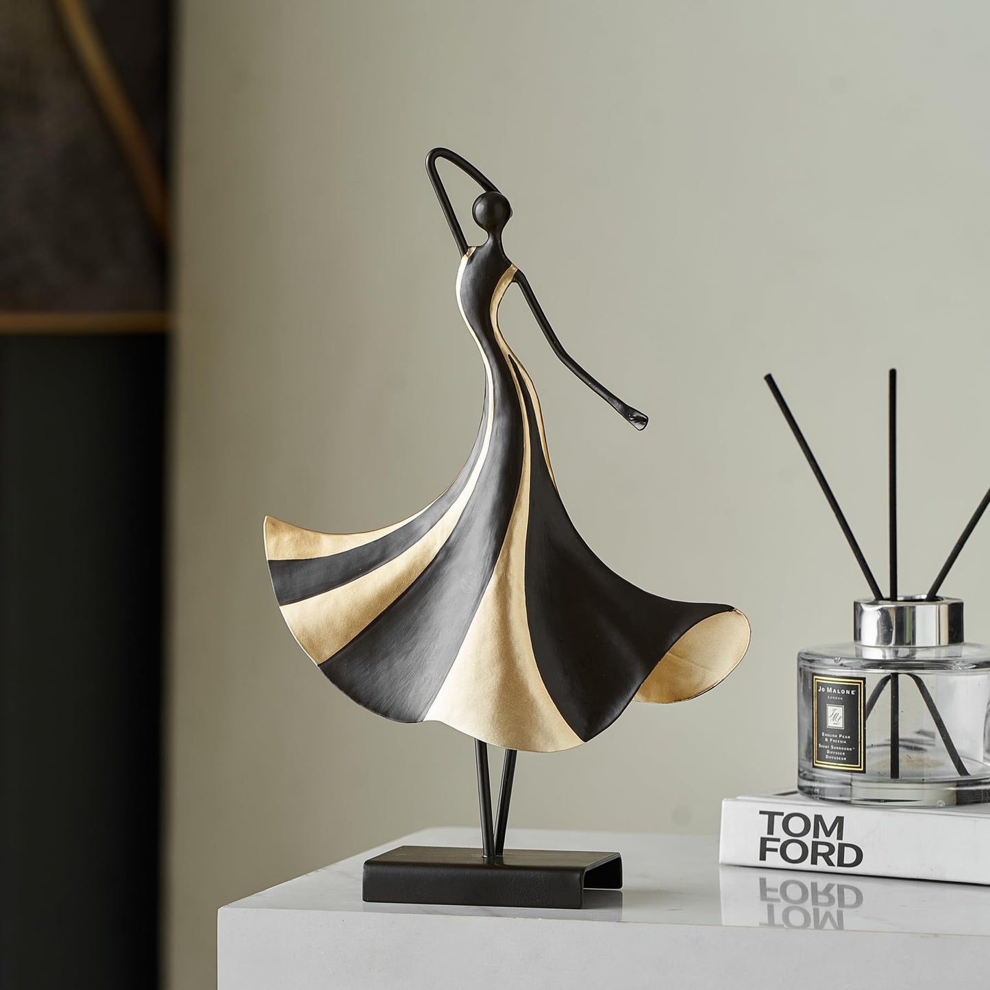 Abstract Metal Dancer Sculpture, Modern Black and Gold Figurine with Base, Elegant Artistic Home Decor Accent for Living Room, Shelf, Table, Office