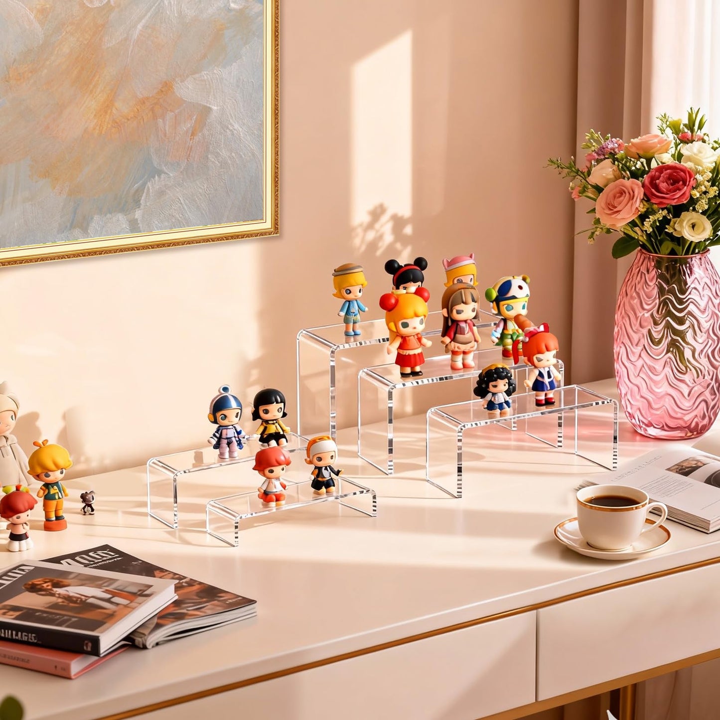 StyEdEk 10 Pcs 2 Set Acrylic Risers 5 Sizes(7" L~9" L) Riser Display Shelf Cupcake Stand Display Cabinet Clear Rectangular Display Stands Set for Figures, Jewelry, Perfume, Dessert Table Display