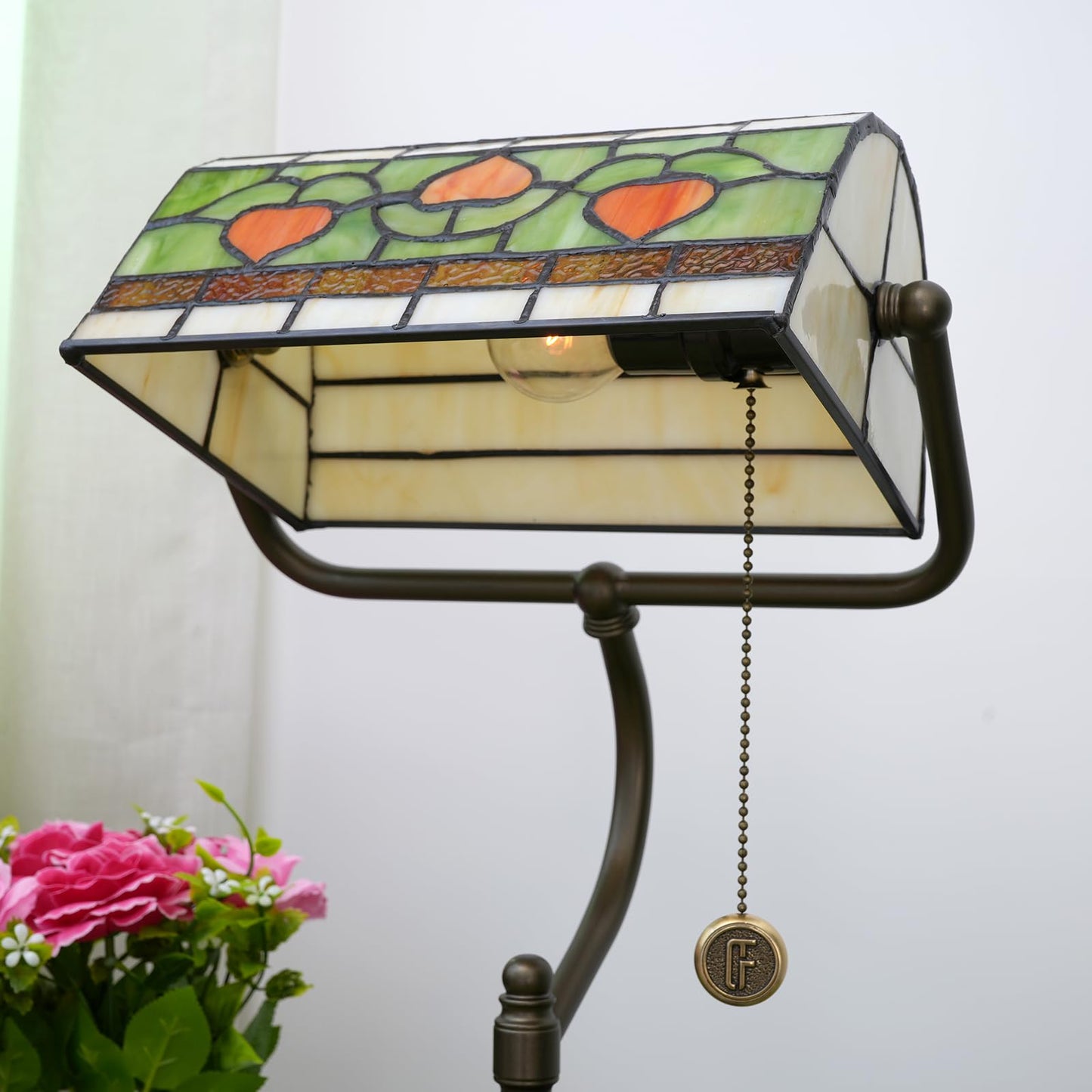 Blivuself Tiffany Style Heart Bankers Table Lamp Stained Glass Vintage Bedroom Bedside Study Pull Chain Reading Desk Lamps Office Nightstand Aesthetic Antique Green Banker'S Lamp Work Light Desklamp