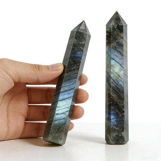 AierCrystal 2pcs Natural Crystal Point Wand Set,Hand-Finely Polished,Meditation Healing Purification,Full-Scenario Decoration Display for Home Office,Holiday Gifting(15cm Big Wand 2pcs Labradorite)