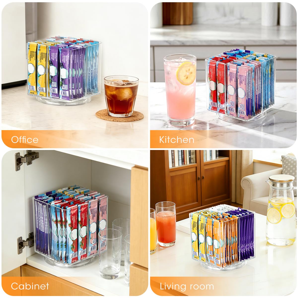 AIEVE Drink Packet Organizer, Lazy Susan Organizer for Water Flavor Packets, Drink Mix Rotating Turntable Sugar Packet Holder Container for Pantry Organizers and Storage, Square