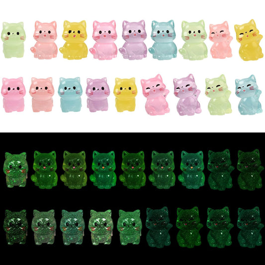 LiQunSweet Cat Theme Luminous Resin Sculptures, 72 pcs (24 pcs per Style), Glow-in-the-Dark, Mixed Colors, 14-28 mm, for Home, Office & Desk Decoration