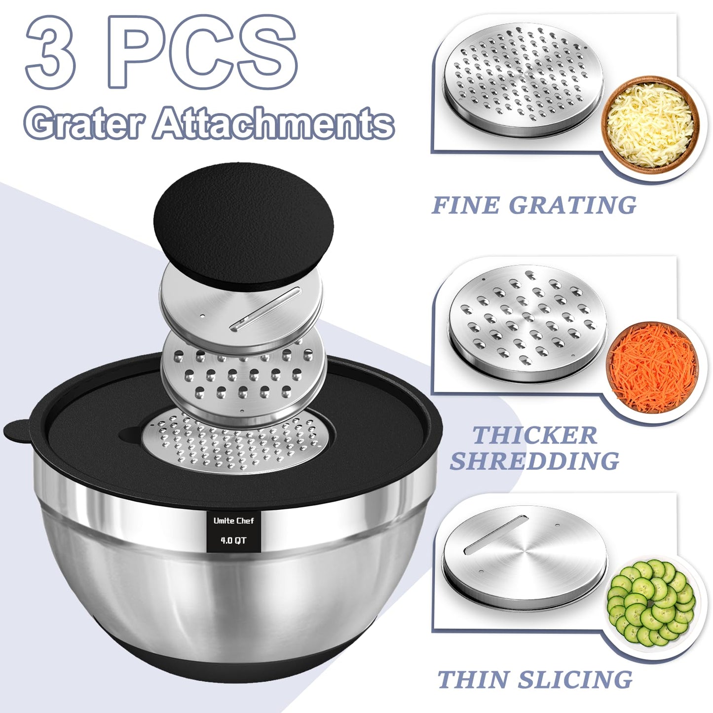 Umite Chef Mixing Bowls with Airtight Lids Set, 8PCS Stainless Steel Nesting Bowls Set, 3 Grater Attachments & Non-Slip Bottoms, Size 5, 4, 3.5, 2, 1.5QT for Baking & Mixing(Black)