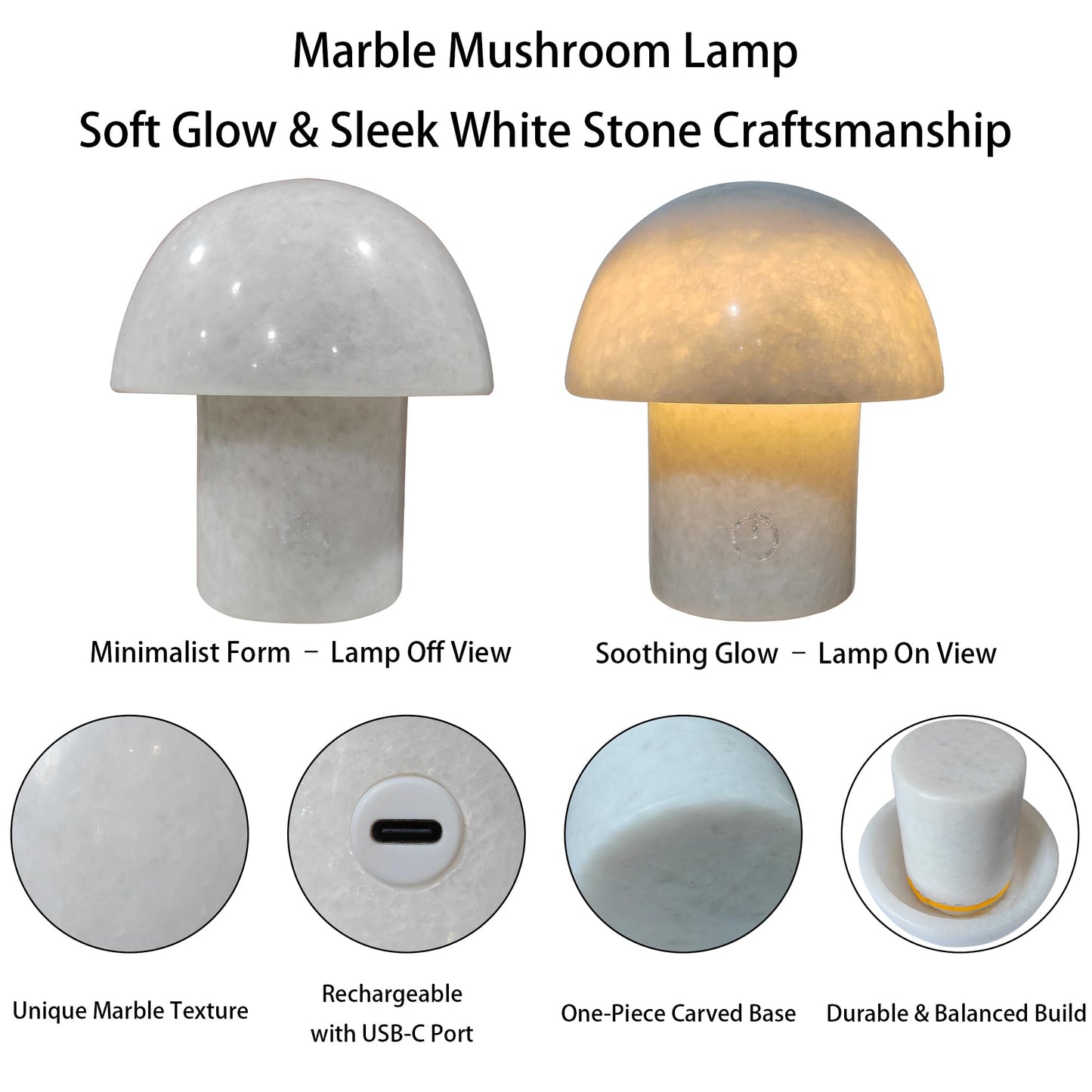 Rechargeable Mushroom Night Light - Dimmable Natural Marble Stone Table Lamp, LED Touch Light for Bedside, Meditation, Entryway, Gift Idea