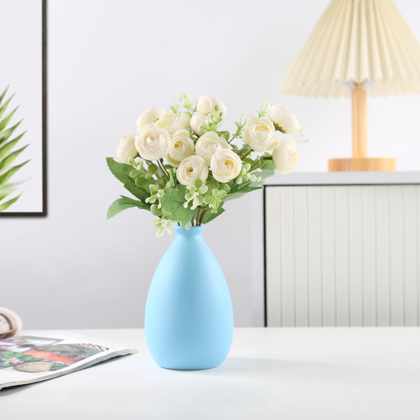 Ceramic vase, White vase for Home Decoration, Modern Style Dry vase, Dining Room Bedroom Office… (Blue)