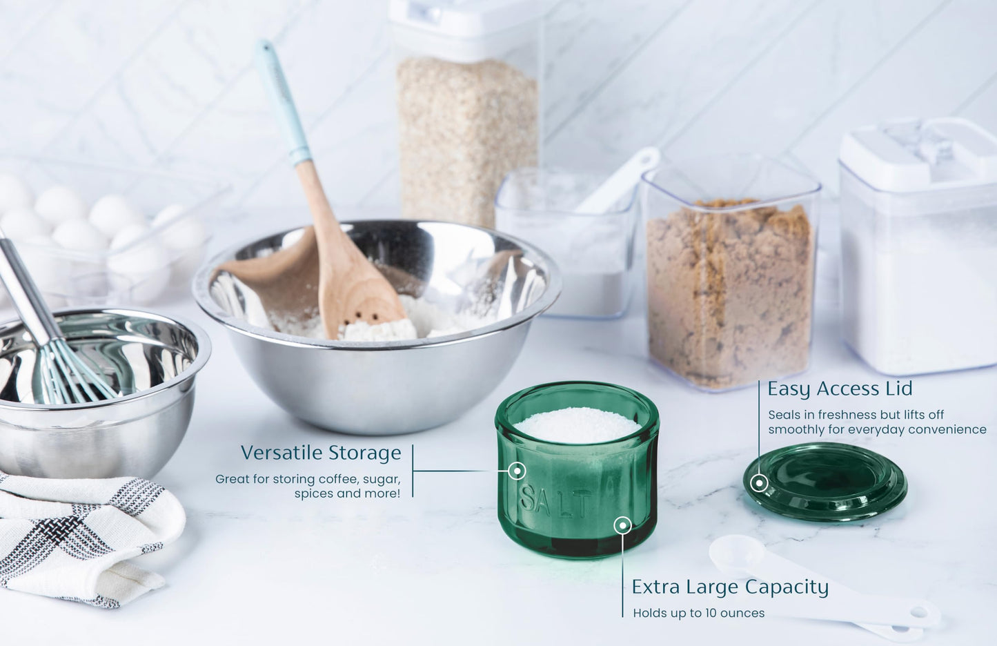 KooK Glass Salt Cellar, with Lid, Embossed Pressed Glass, Clear Storage Container, for Coffee, Sugar, Spices and Candies, 10 oz (Emerald Green)