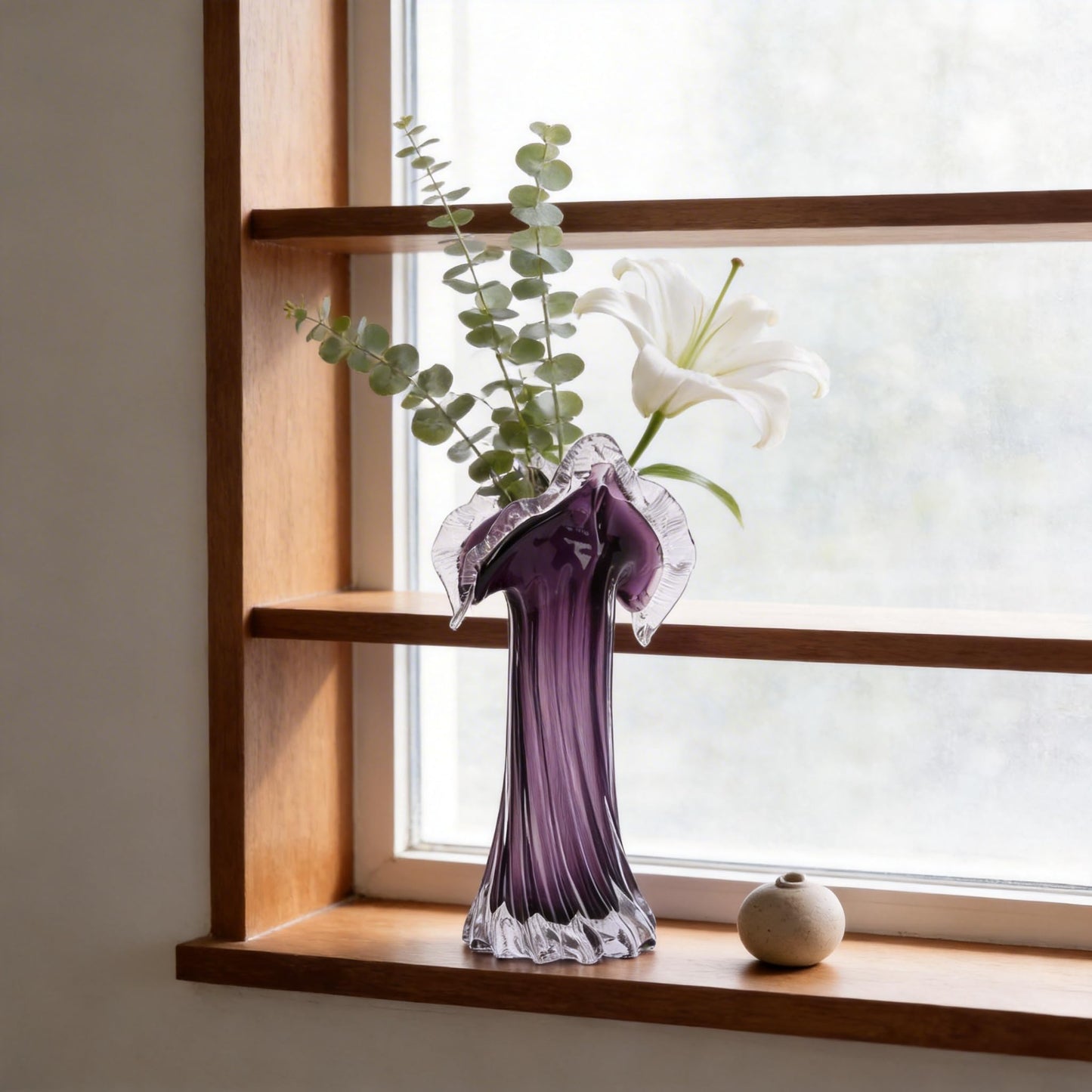 Ruffled Glass Vase Hand Blown Abstract Bubble Glass Flower Vase for Home Decor Living Room Dining Room Bedroom Shelf Mantel Tabletop Centerpiece Display Unique Art Gift