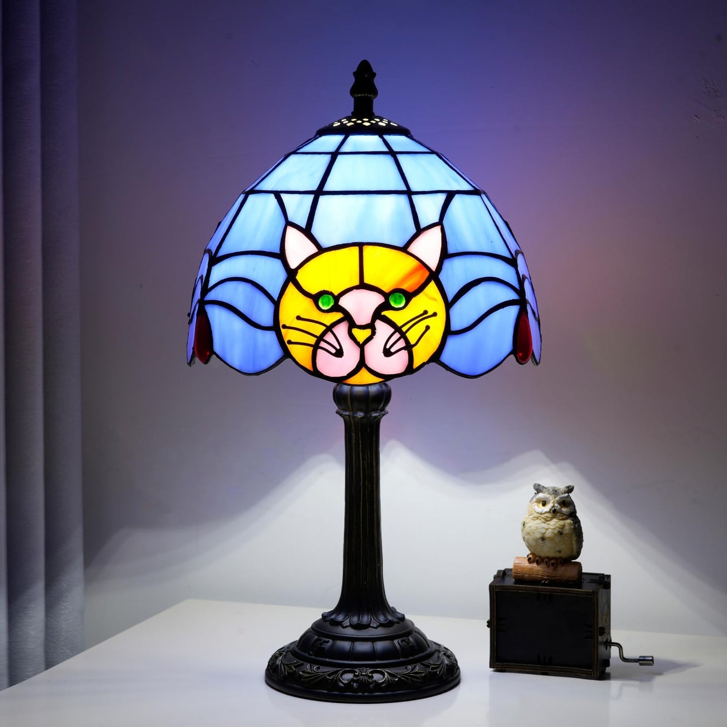 Orange Cat Lamp Tiffany Lamp Blue Stained Glass Table Lamp Cute Small Bedside Nightstand Desk Lamp Warm Light Bedroom Office Living Room Kitchen for Cat Lovers Gift Halloween Christmas Kids Decor LED