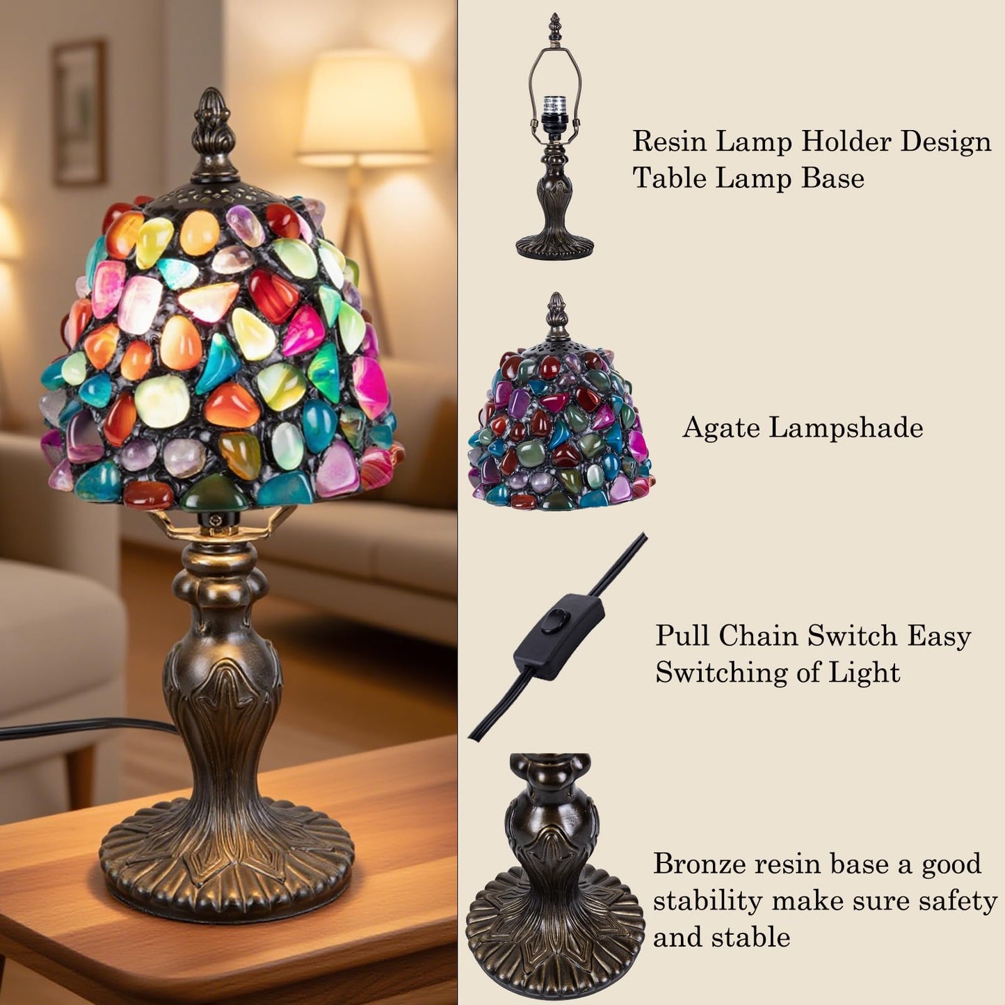 Nizrsky Small Tiffany Table Lamp, 3 Color-Temperature Agate Amber Stained Glass Lamp,6 Inch Tiffany Style Lamp for Bedroom Living Room Home, Handcrafted Light, Included Bulb