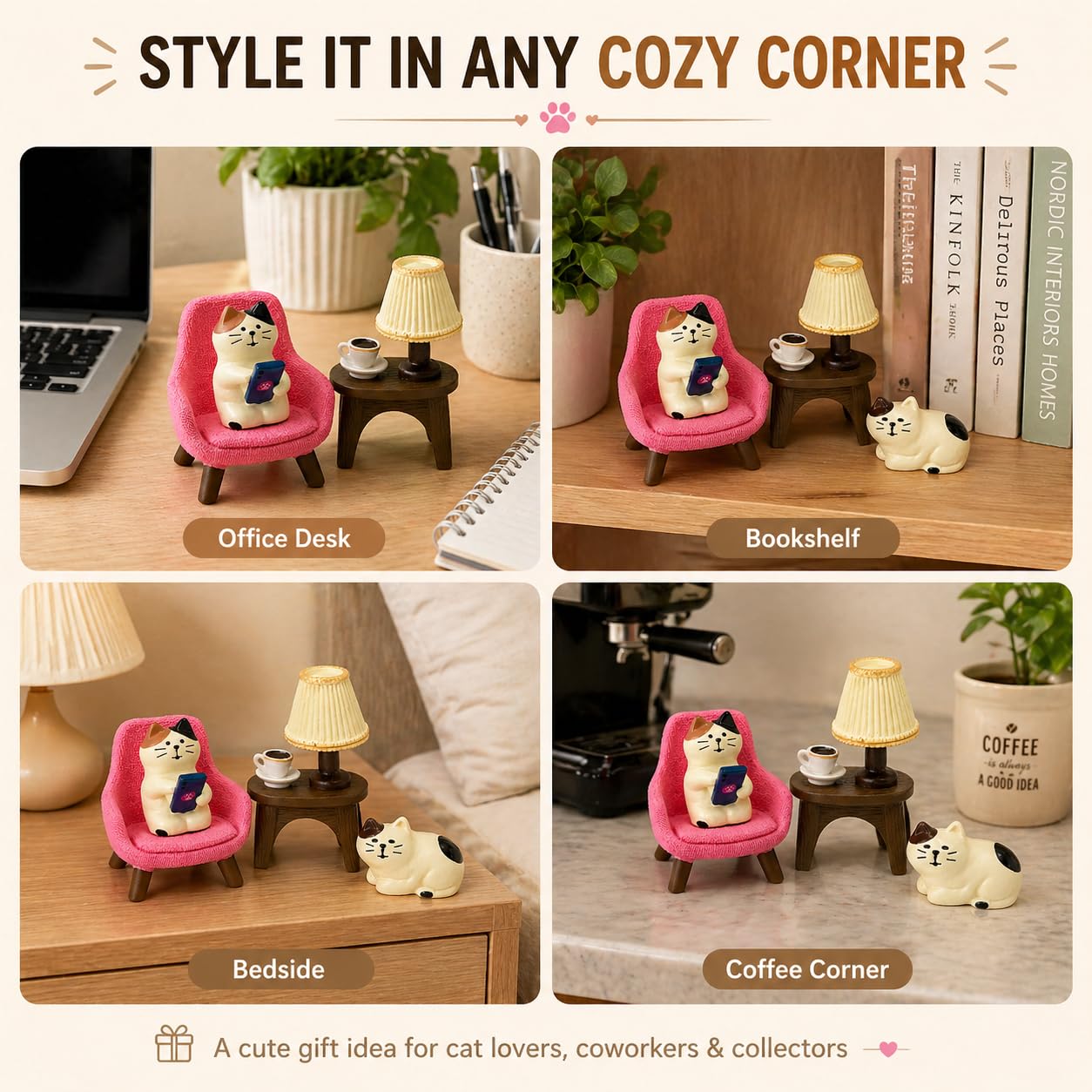 Edyocey Miniature Cat Figurines Set, 4-Piece Resin Cat with Sofa and Lamp, Desk Decor for Office and Home, Gift for Cat Lovers
