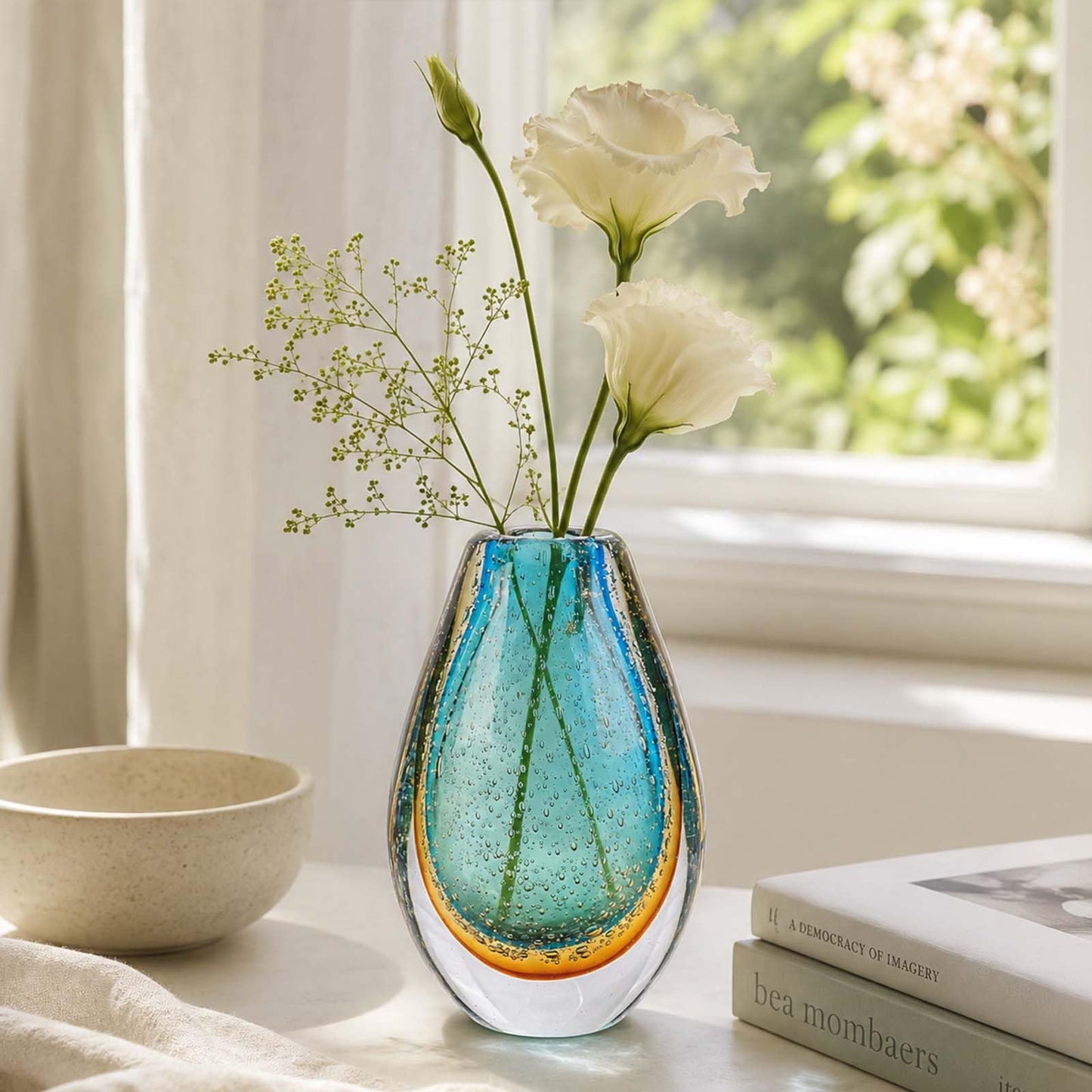 Decorative Glass Flower Vases Blown Vase for Home Decor Living Room Dining Room Shelf Mantel Tabletop Centerpiece Modern Art Deco Style Unique (Green)