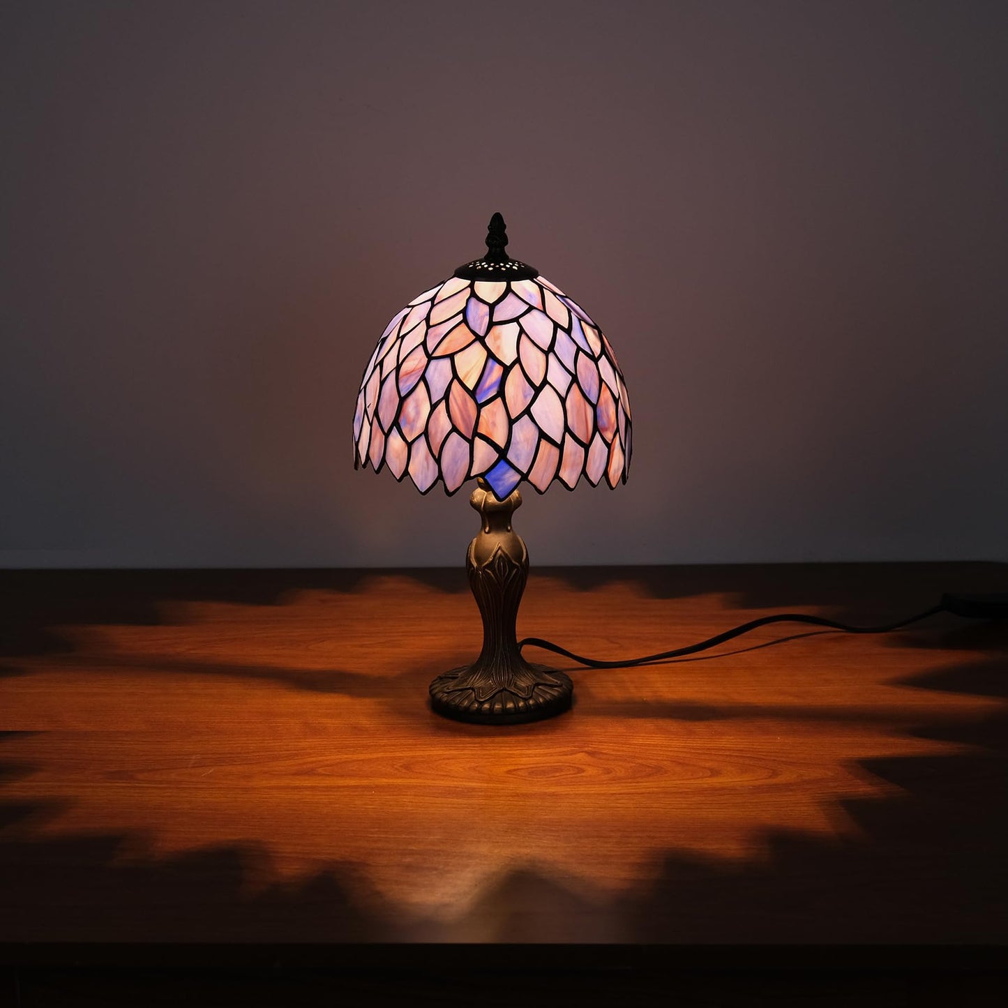 GILGGAK Small Tiffany Stained Glass Table Lamp Wisteria Style Hand-Made Lampshade Nightstand Light for Bedroom Dorm Living Hallway Coffee Table Office Housewarming Gift 8X8X15 (Blue Purple Wisteria)