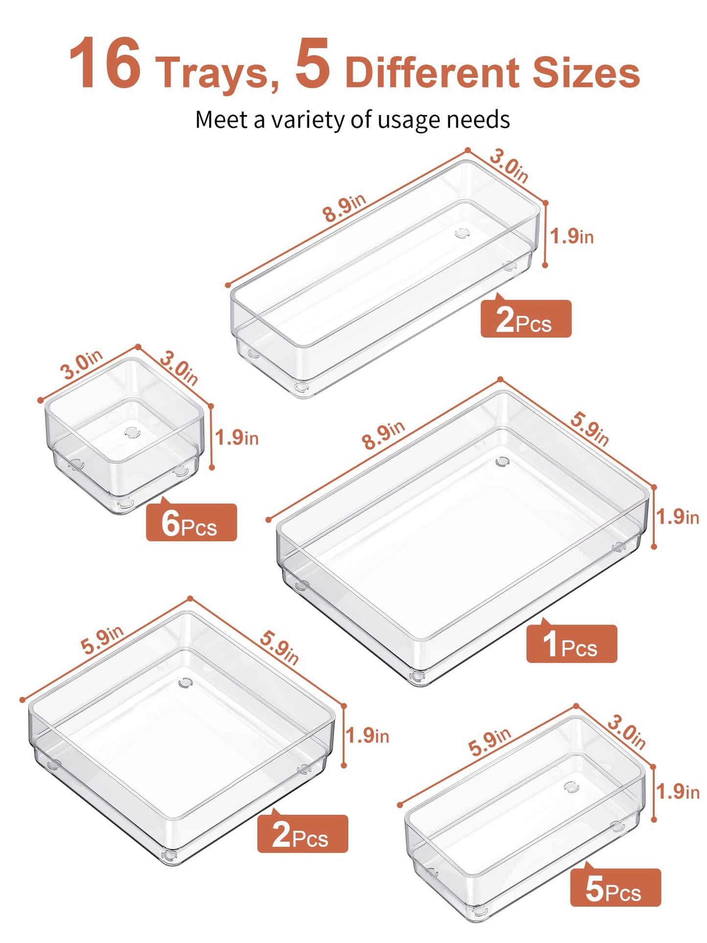 SMARTAKE 16-Piece Drawer Organizer with Non-Slip Silicone Pads, 5-Size Desk Storage Tray for Makeup, Jewelries, Utensils in Bedroom Dresser, Office and Kitchen, Clear