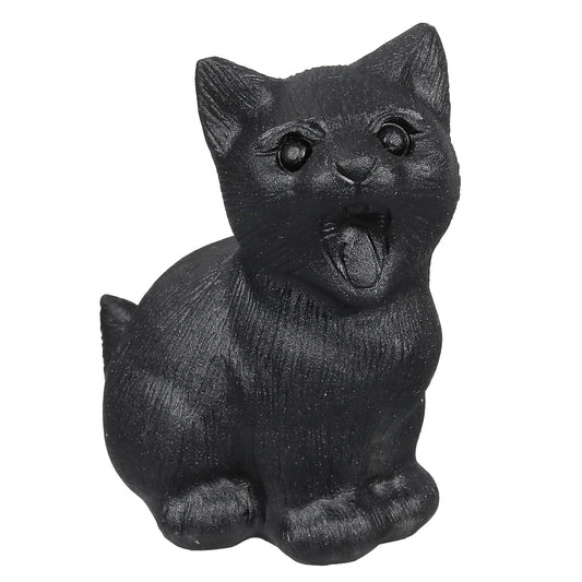 mookaitedecor Natural Black Obsidian Crystal Sitting Cat Statue, Hand Carved Lucky Cute Cat Figurine for Room Desk Decor
