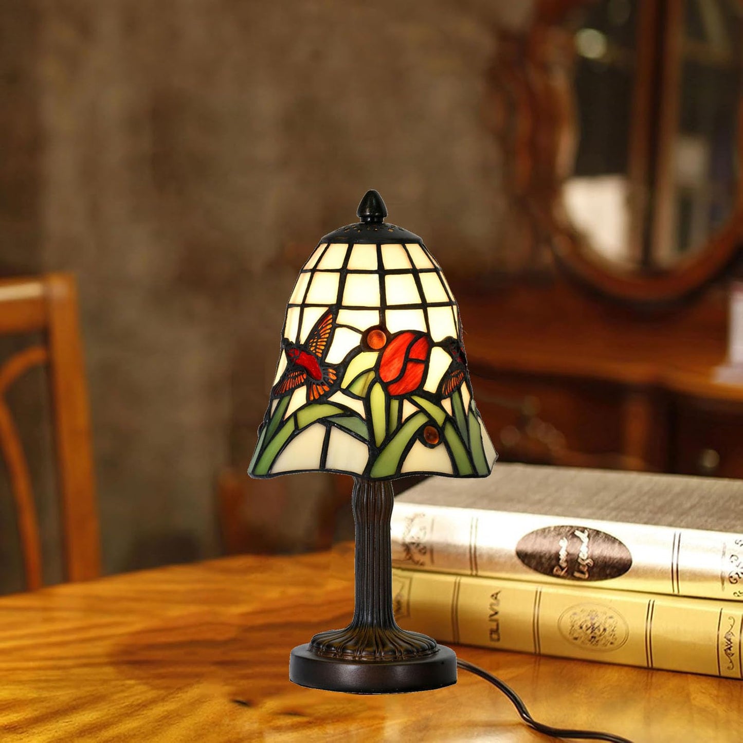 HomeBeauty TL0039 Tiffany Style Mini Table Lamp,Handmade Stained Glass Hummingbird Tulip Accent Lamp,W 6" x H 11.75" Small Desk Lamp for Bedroom Living Room,Nightstand,Coffee Table, LED Bulb Included