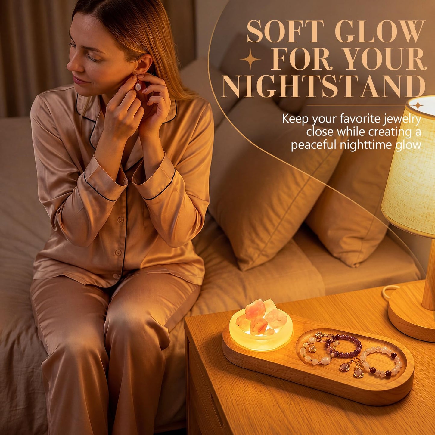 Hushee Selenite Crystal Bowl Jewelry Tray for Women Room Aesthetic Decor Gift, Set of 3 Light up Decorative Wood Jewelry Holder Selenite Bowl & Rose Quartz Stone for Essential Oil Healing Meditation