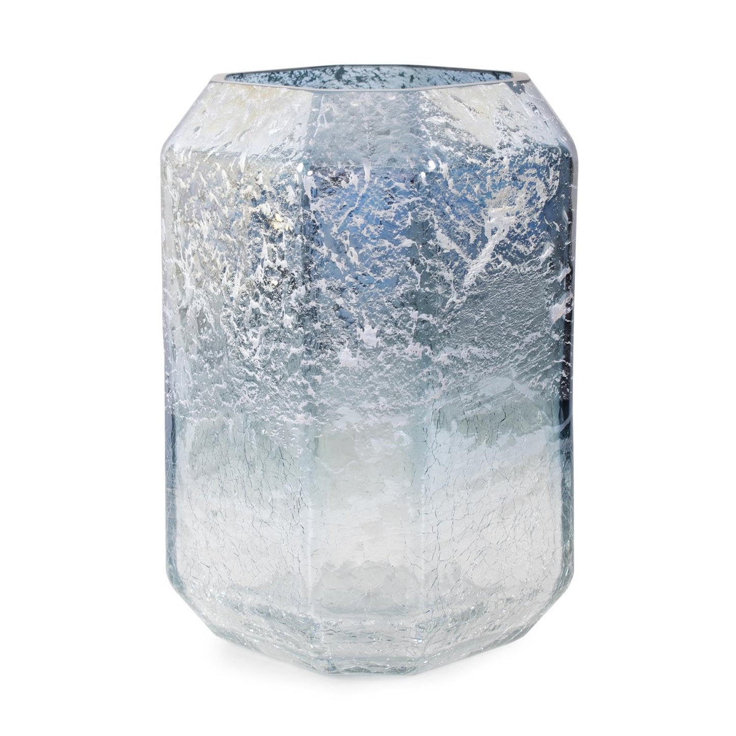 Howard Elliott Collection Lonsdale Iridescent Tall Glass Vase, Arctic Blue Square Vase with Geometric Texture, Decorative Accent for Table, Shelf or Centerpiece, 6.25H x 7.88W x 7.88D, Blue Silver