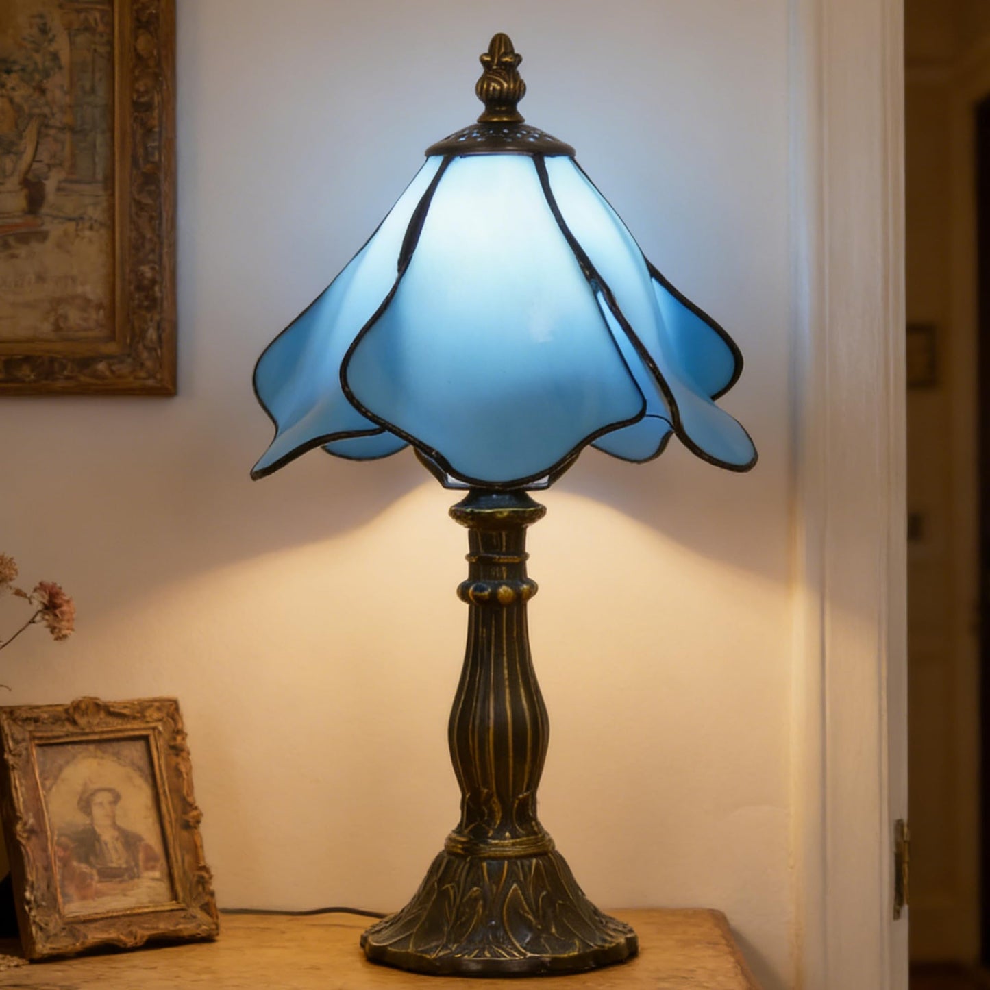 WFAYNTIFL Small Tiffany Table Lamp Blue Morning Glory Style W8H14.5 Inch