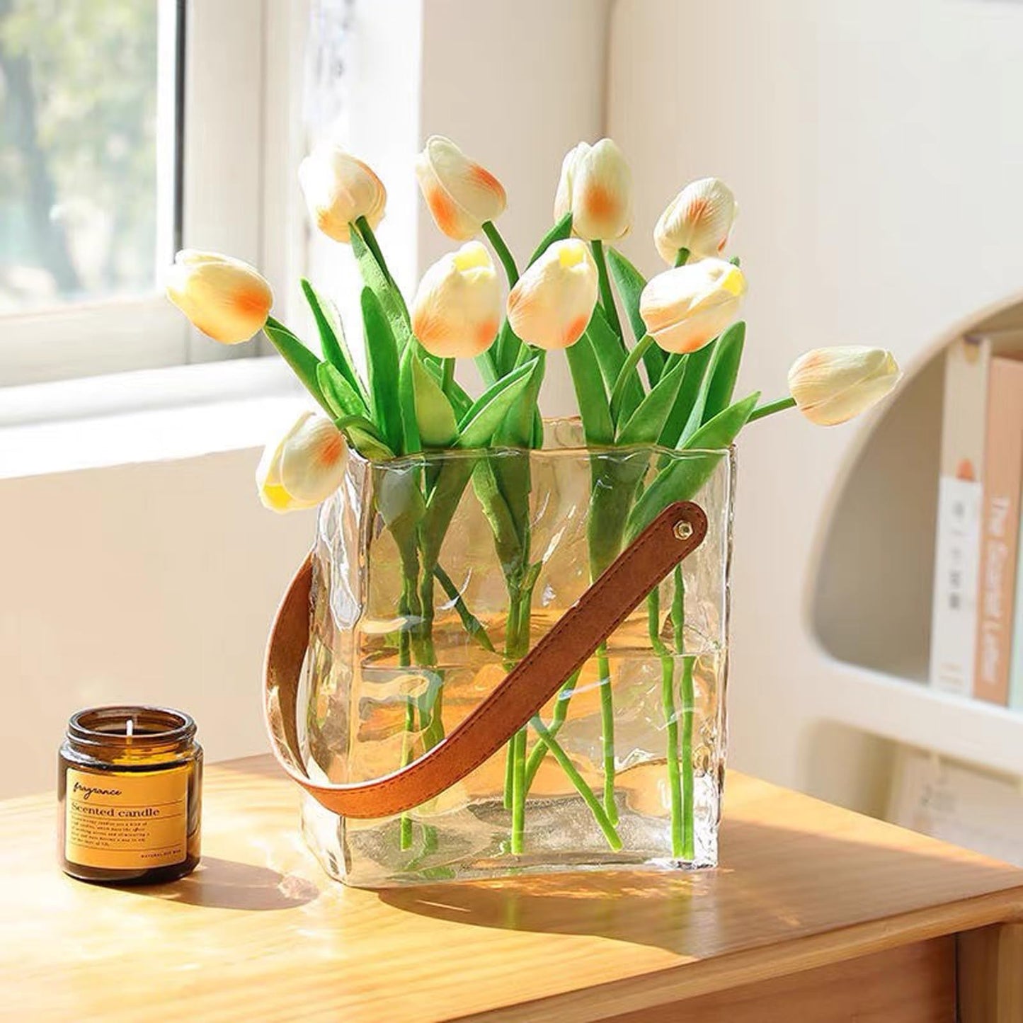 Handmade Leather - Handle Handbag - Style Glass Vase - Simple Elegance for Your Space(Amber)