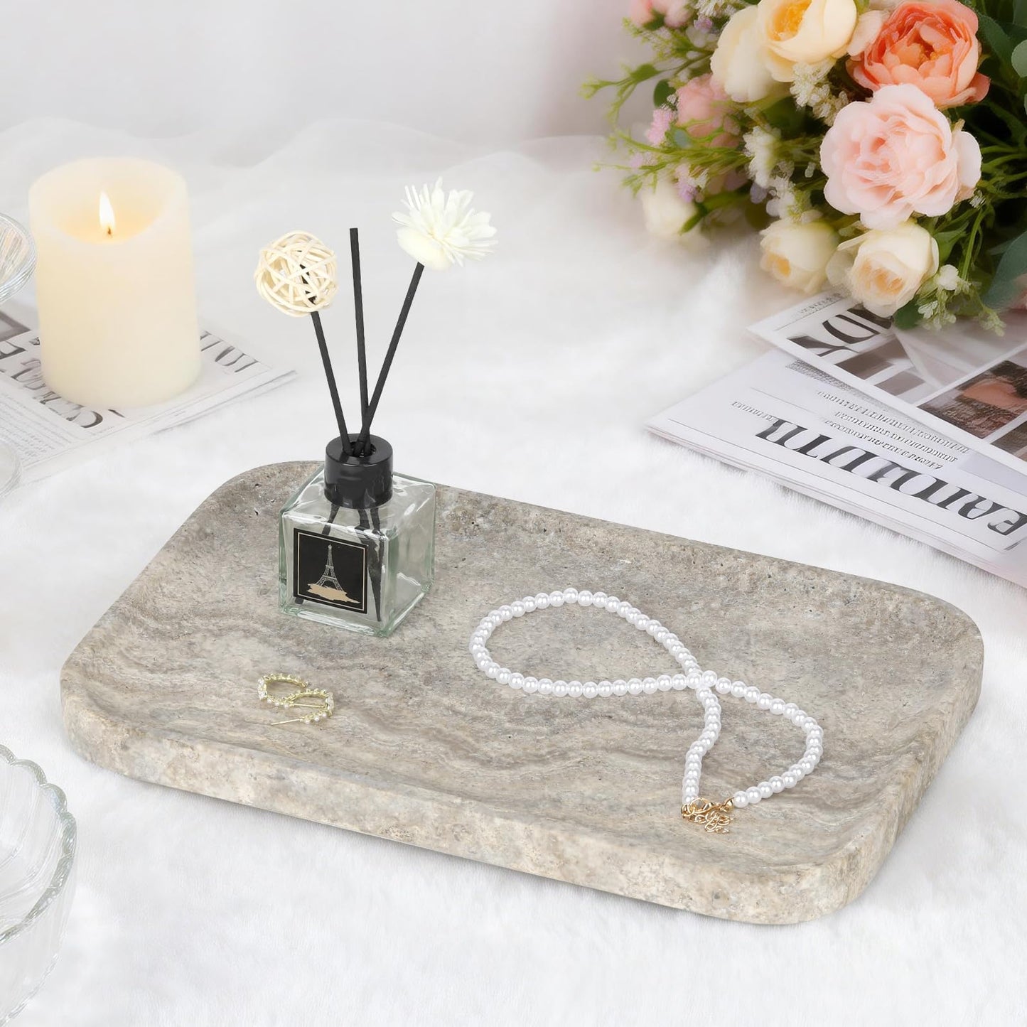 Moujings Natural Travertine Vanity Tray - Decorative Stone Marble Tray for Bathroom Countertop, Elegant Organizer for Home Decor, Jewelry, Candle, Makeup, Kitchen and Dresser Decor