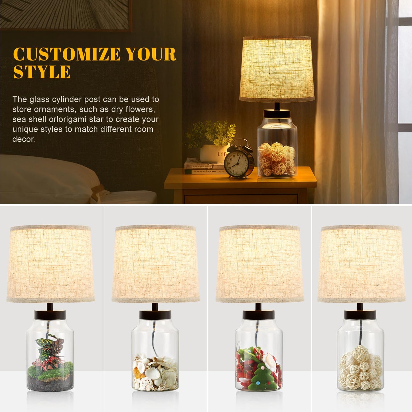 GyroVu Table Lamp Set, Fillable Table Lamp with Clear Glass Nightstand Lamp Set of 2 Beside Lamp for Living Room Bedrooms Office Bulbs Included(Oat Lampshade)