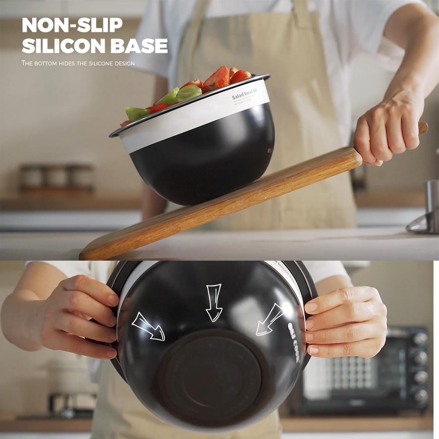 Kaiser chef Salad Bowl Kit 74oz,Salad Container For Lunch,18/8 Stainless Steel,Salad Bowl With Lid, Includes 1.7oz Condiment Container and Removable Tray,Leak-Proof, Easy to Clean(Black)