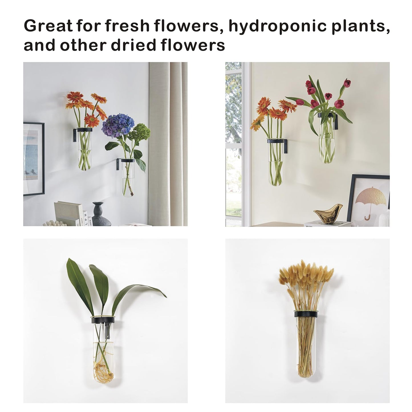 2 Piece Hanging Glass Wall Vase Set, Iron Metal Plant Stand with Clear Borosilicate Glass Tubes, Creative Wall Mount Vase for Flowers, Air Plants, Home Office Wedding Decoration