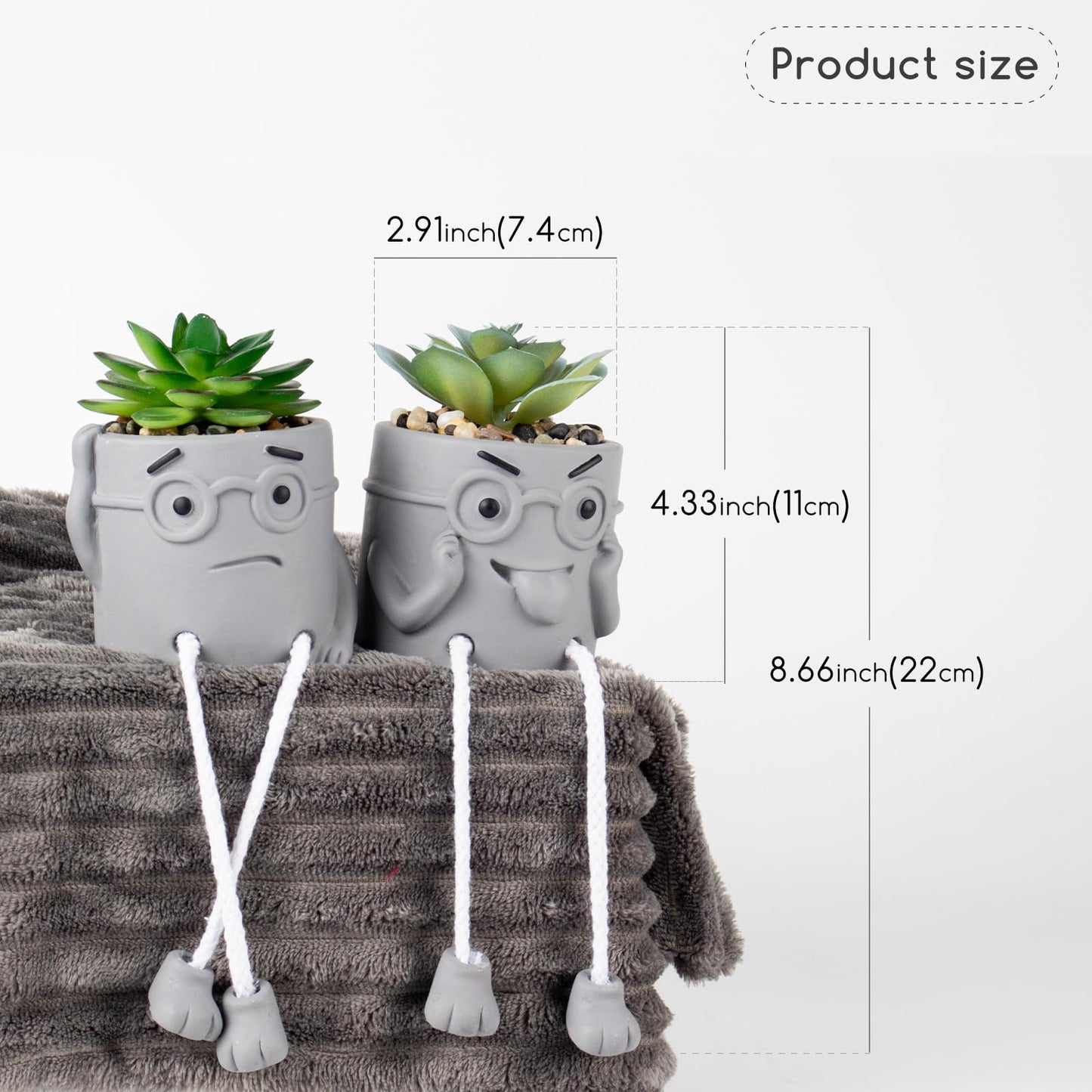 Uguisu 2 Pack Small Fake Plants for Desk Window sill Decor, Shelf sitters with Dangling Legs Cubicle Decor Cute Fake Succulent Hippy pots（Gray/2pcs）