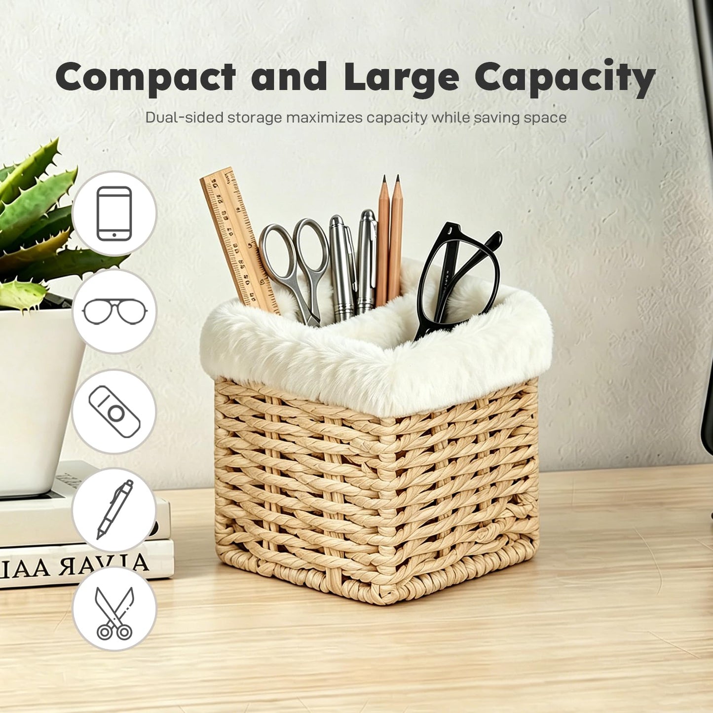 OPULANE Glasses Holder, Paper Rope Plush Lined Eyeglass Holder Stand 2 slots Eye-glasses Storage Organizer Case for Nightstand, Office Desk, Table, Bedside, Dresser and More, Beige