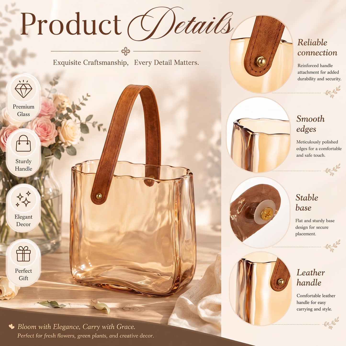 Amber Glass Purse Vase with Leather Handle, 7.5x6.7 Inch Cute Handbag Shape Flower Vase, Decorative Glass Vases for Flowers, Fish Bowl Centerpiece for Living Room, Dining Table, Wedding Decor