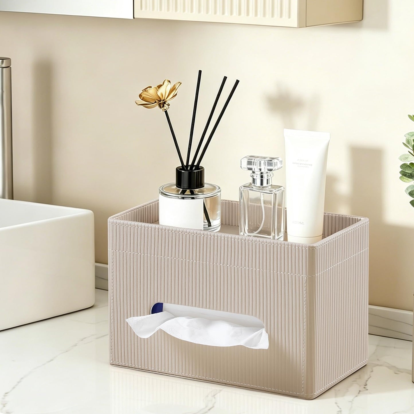 Cretkhp Tissue Box Cover Rectangle with Storage Tray, PU Leather Tissue Holder for Bathroom Vanity Countertop Night Stands Bedroom Office Desk, Stylish Rectangular Tissue Box Holder (Beige)