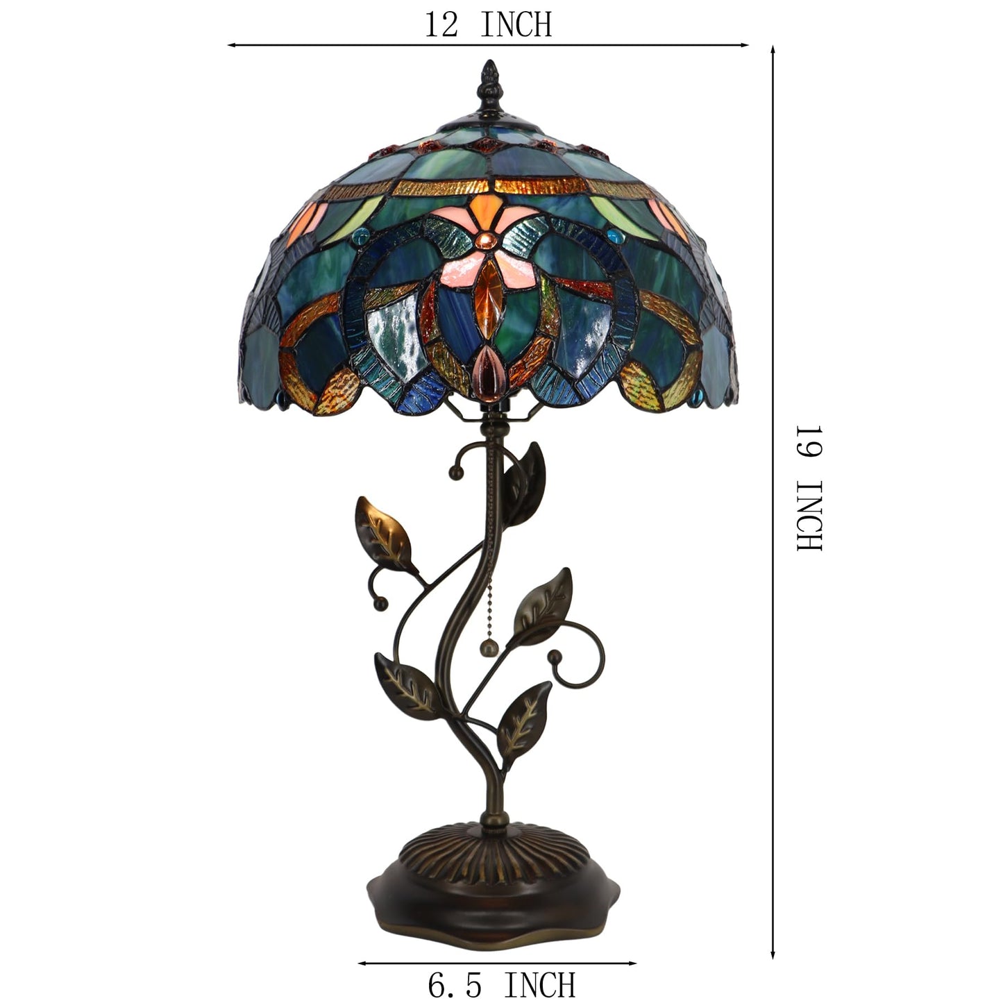 LXHCYOU Tiffany Table Lamp, Stained Glass Desk Light, W12H19 Inch, Metal Leaf Base (Blue Baroque Style)