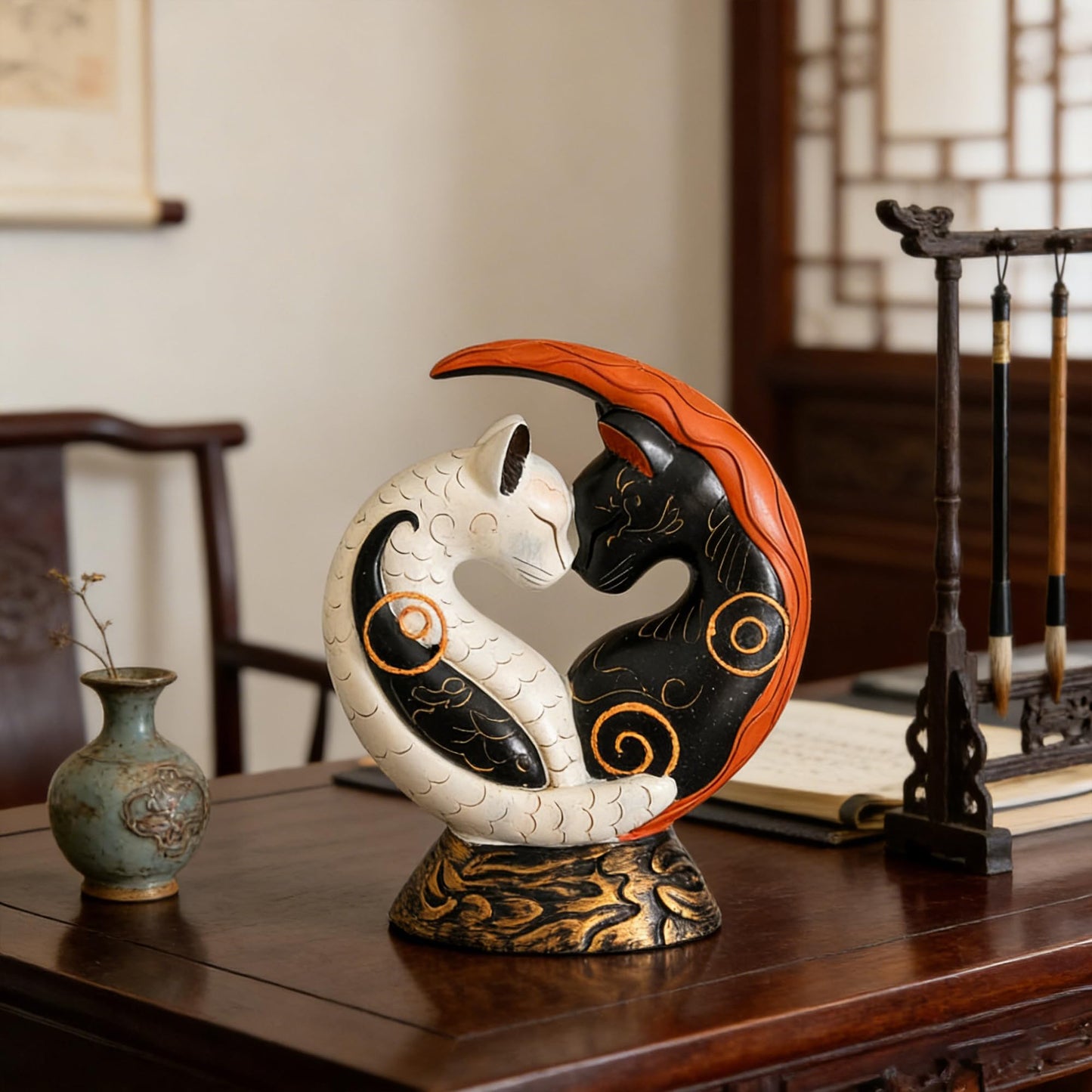 JNMYHM Black and White Cat Yin Yang Art Desk Decors for Home Office Decoration, Unique Resin Statue Desktop Decoration, Gifts for Women Men Cats Lover
