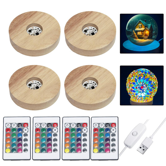 nuuubik 4 Pieces LED Light Stand Bases Colorful Lights Display Base with Remote Control, 16 Colored Round Wooden Lighted Bases USB Table Lamp Centerpieces for Crystal Glass Resin Art,3.94 Inch