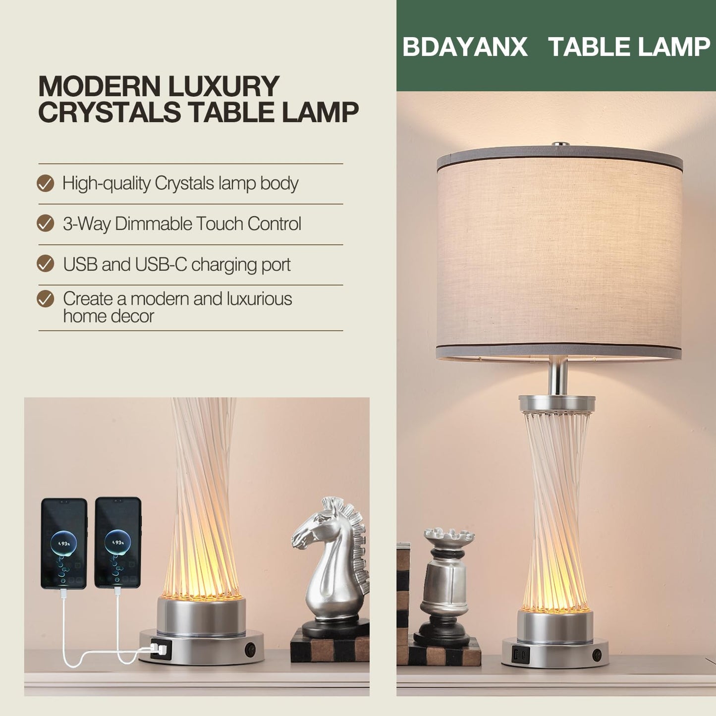 bdayanx 3-Way Dimmable Table Lamp Set of 2,Touch Control Lamp with Night Light,Modern Crystal Table Lamps for Bedroom,Living Room，Bedside Lamps with USB A+C Ports，Fabric Lampshade(Blubs Included)