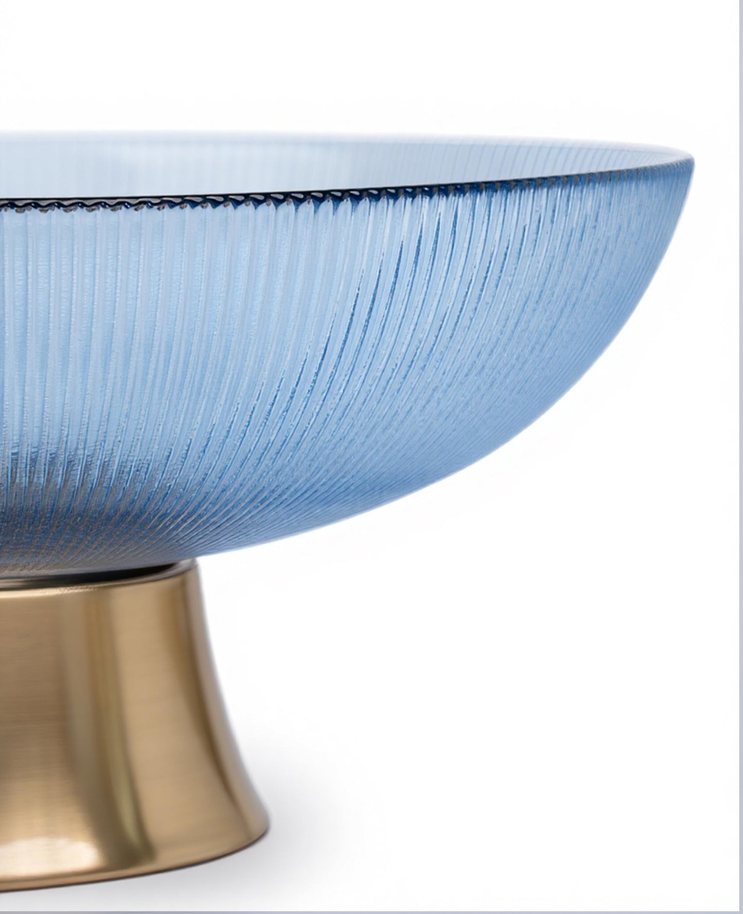 Round Glass Decorative Bowl (Blue), 9.8 Inches Handblown Striped Design Glass Bowl with Rust Resistant Metal Base,Decor Fruit Bowl for Home Decor,Table Centerpiece,Kitchen Island and Dining Decor