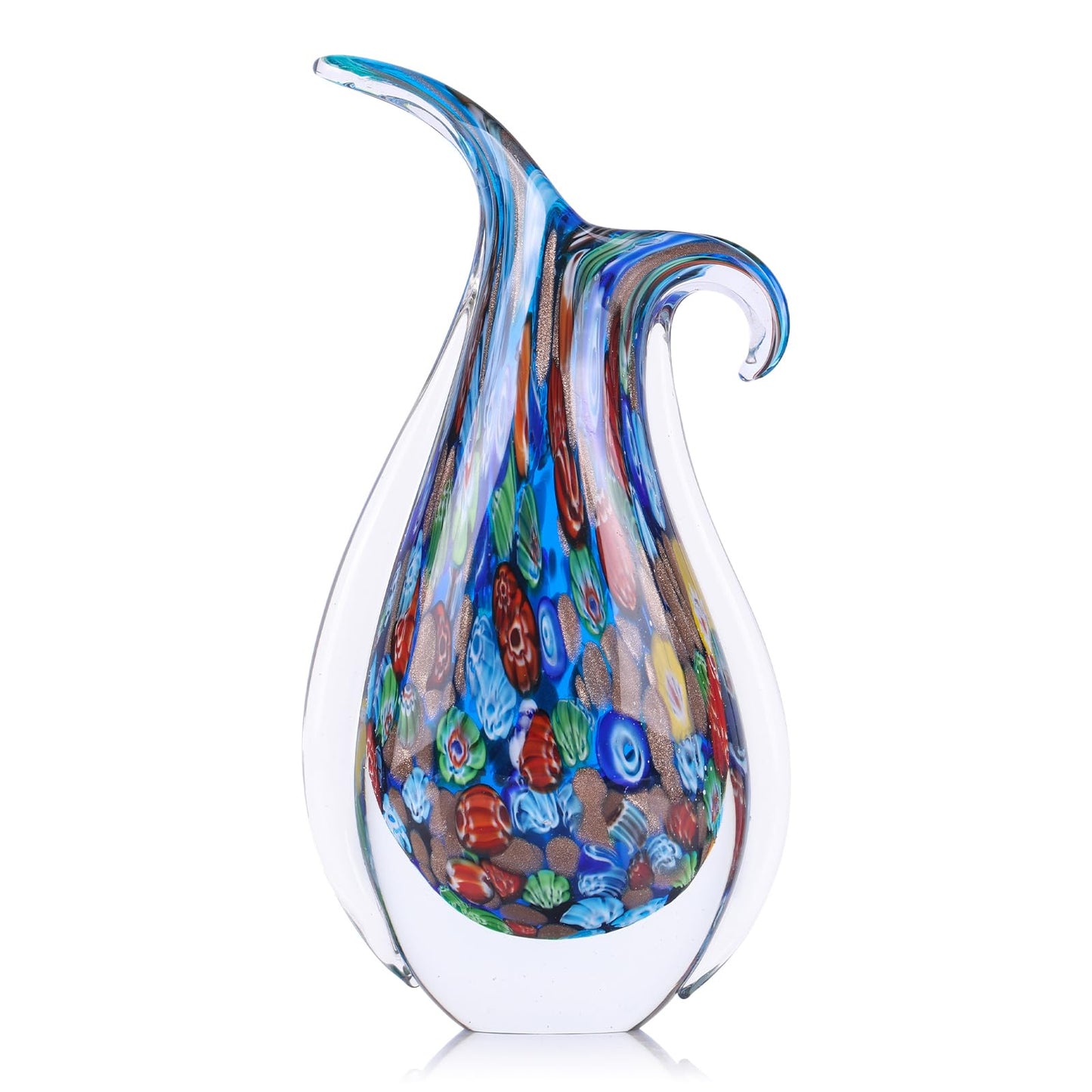GrivSheen Hand Blown Glass Vase for Centerpiece, Murano Style Table Decoration, Blue Blown Art Glass Ellipse Flower Vase, Single Stem Beautiful Decor for Home, Beachy Room Decor for Home Shelf