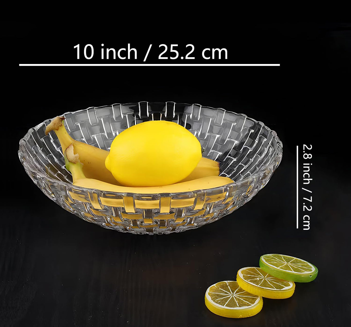 LARYVIN Woven Clear Glass Fruit Bowls Set of 2. Decoration Old Fashioned Glass Plates. 10 inch Large Salad Bowls. Suitable for Fruit, Dessert, Candy, Snack & More.