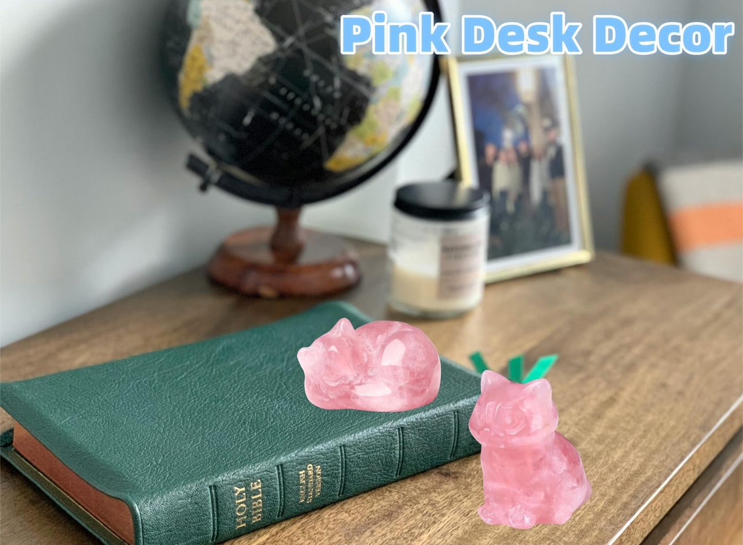 QINJIEJIE 2'' Rose Quartz Cat Figurines Natural Stone Statue Healing Crystals Gift Gemstone Sculpture Room Home Desk LuckyDecoration Cat Gifts for Women
