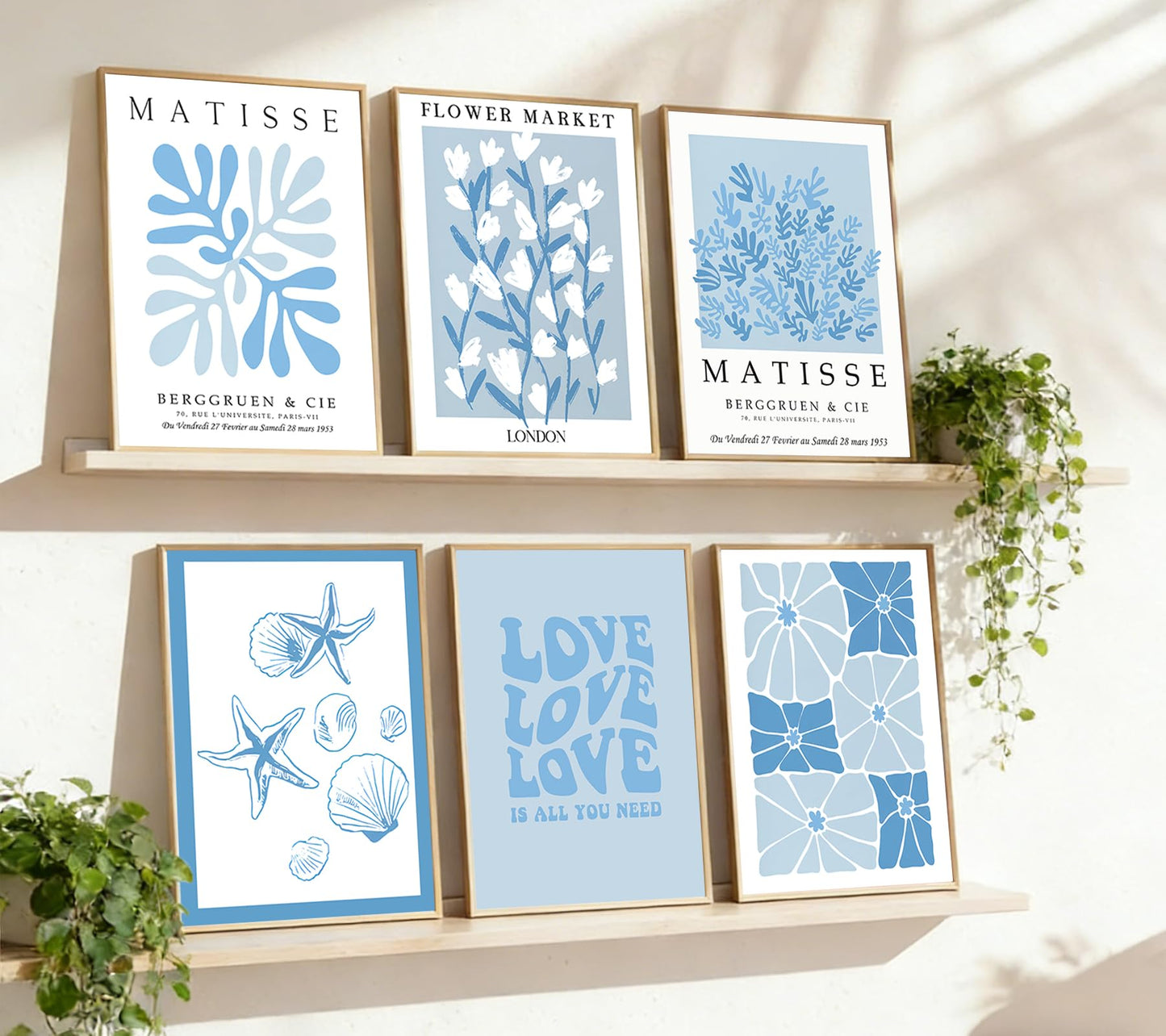 6Pcs Blue Coastal Wall Art Coastal Aesthetic Wall Decor Pictures Abstract Minimalist Posters Prints Boho Blue Plant Leaves Painting Artwork for Bedroom Living Gallery Home Decoration 12x16in, Unframed