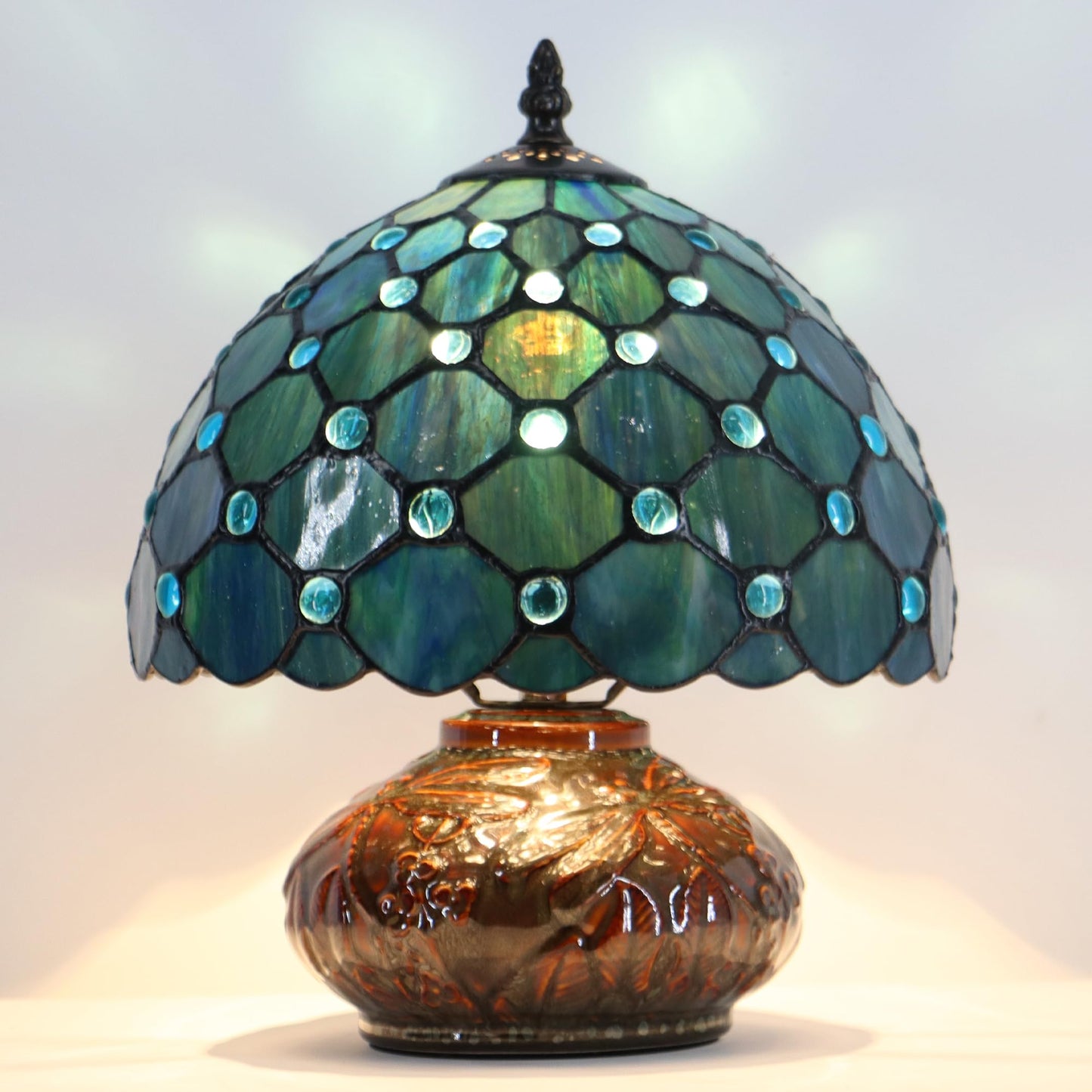 LXHCYOU Small Tiffany Table Lamp, 10X10X11 Inch Mini Stained Glass Mushroom Desk Light Memory Sympathy Ceramic lamp (Sea Blue Pearl Style)