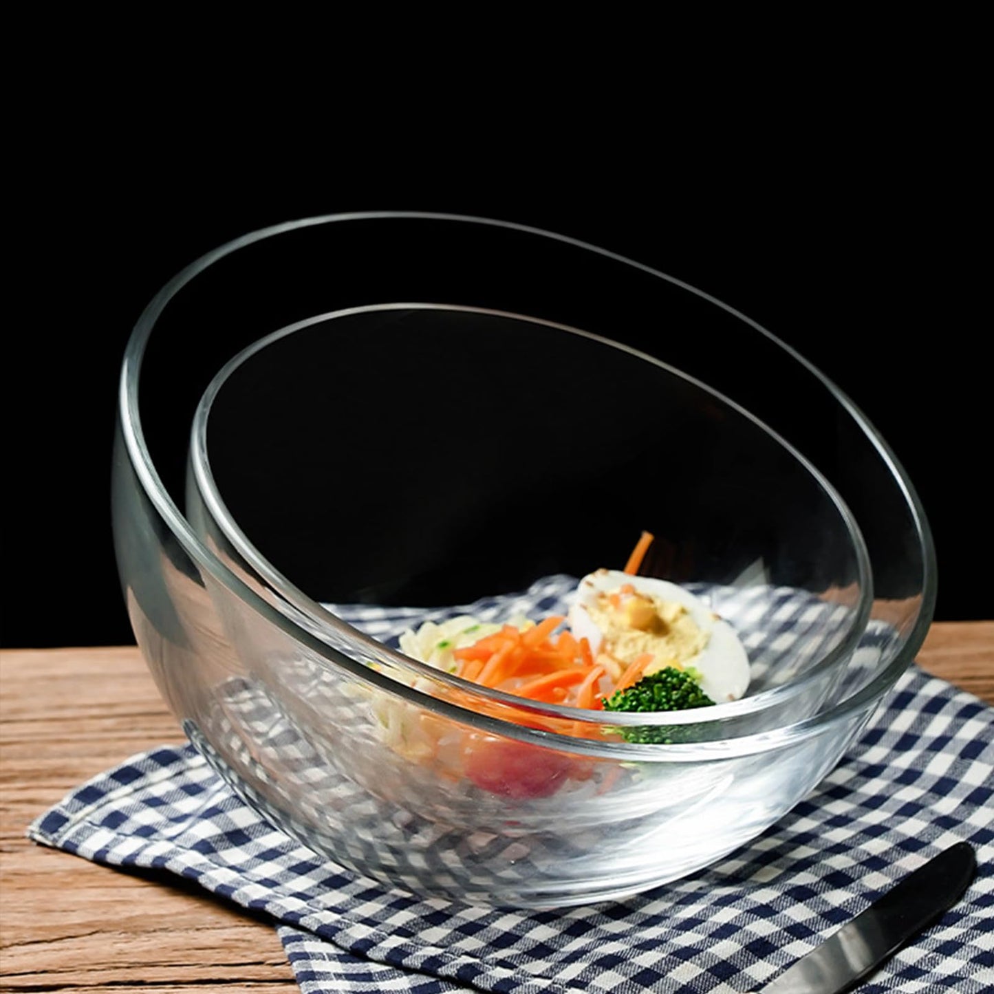 HNJZX Glass Prep Bowls,Clear Glass Slant Cut Tilted Angled Bubble Ball Decorative Serving Salad Bowl for Kitchen Microwave (800ML+450ML)